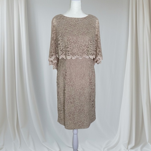 Jessica Howard Scalloped Shimmer Stretch Lace Capelet Dress Champagne 10P - Picture 3 of 9